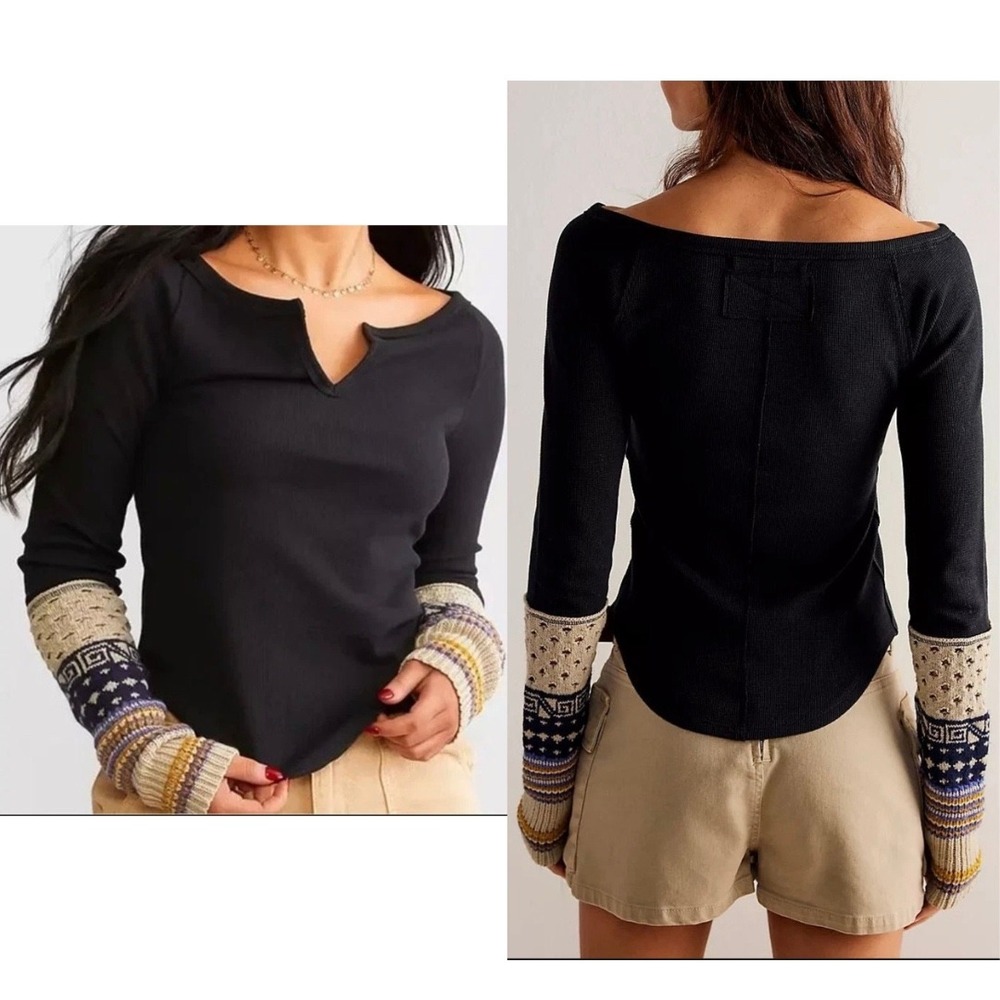 WE THE FREE Black Cozy Craft Cuff Thermal Top Size Large Boho Waffle Knit Grunge